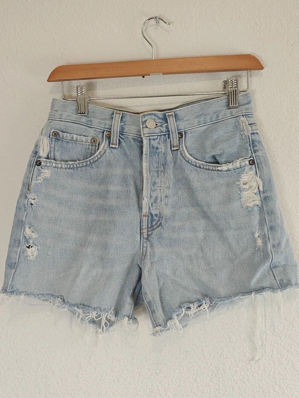 Agolde Parker Long Distressed Denim Shorts 24 High Rise Raw Hem Button Fly